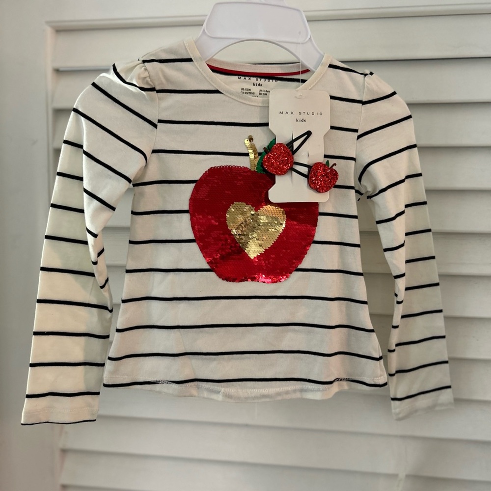 🍎Max Studio embellished Girls Top with matching hair clips. Ivory, black and red